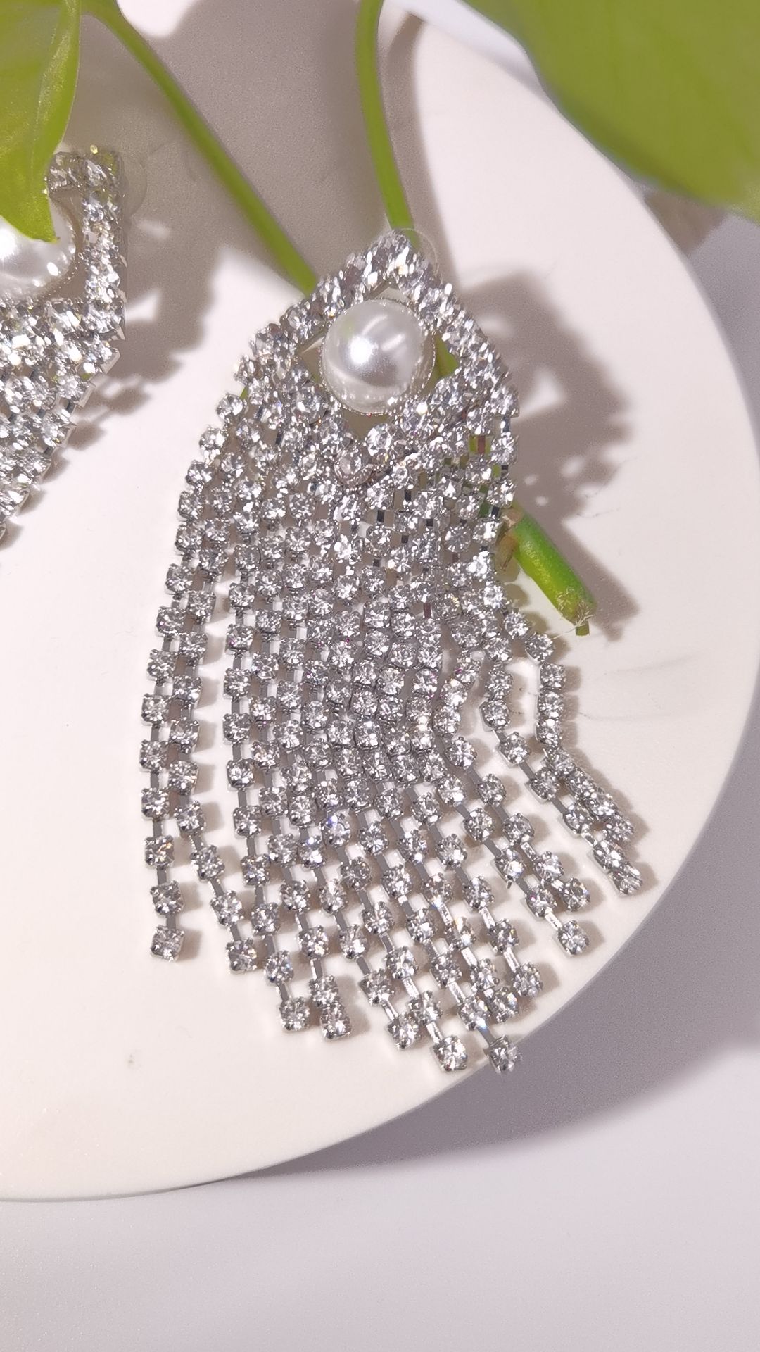 Silver Sparkling Fringe Earrings With Pearl Accent