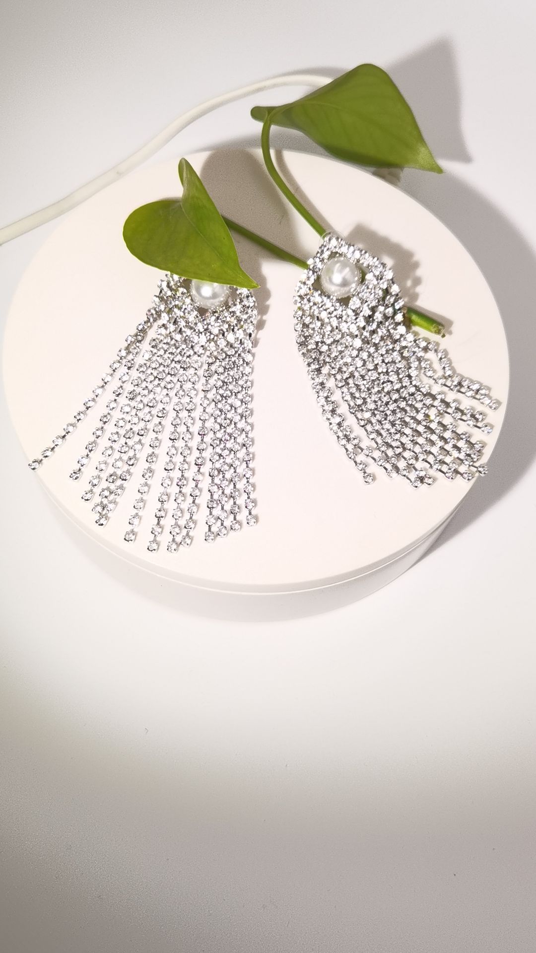 Silver Sparkling Fringe Earrings With Pearl Accent